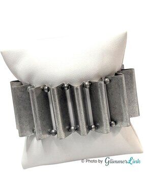 Modernist Industrial Silver Tone Panel Stretch Bracelet Sculptural Cuff